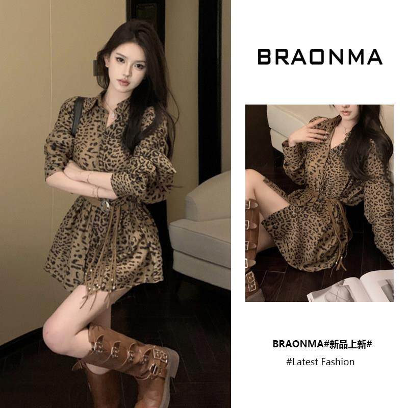 BRAONMA 轻奢气质~法式豹纹高级感收腰包臀长袖V领连衣裙女秋冬季