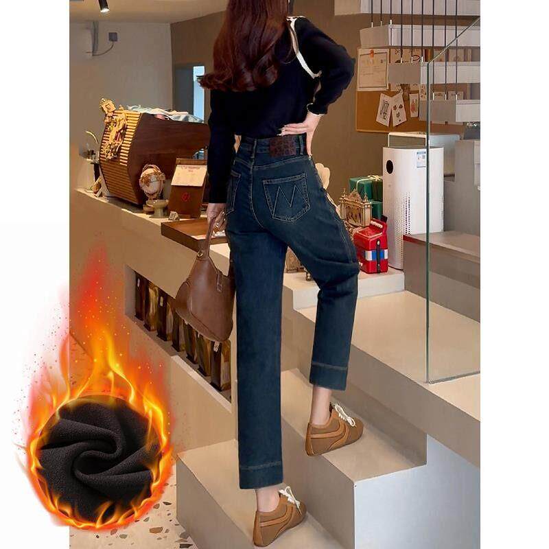 SPYB深蓝色加绒牛仔裤女秋冬高腰显瘦遮肉保暖小个子直筒烟管裤子