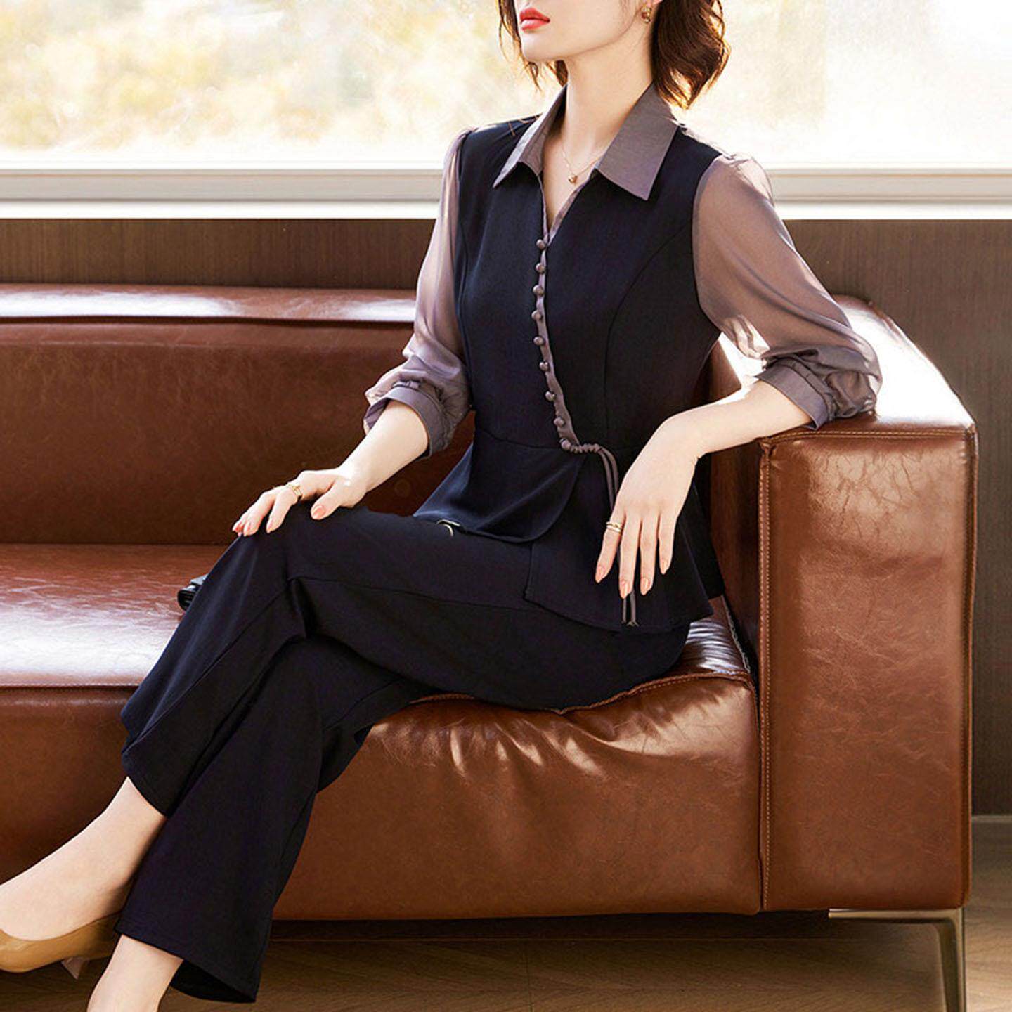 玛古芭长袖秋季时尚减龄套装女2026新款两件套中年妈妈衬衫阔腿裤