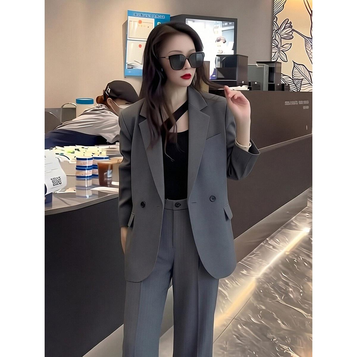 LILY MOST春高级感灰色西装女职业套装休闲西服外套阔腿裤两件套