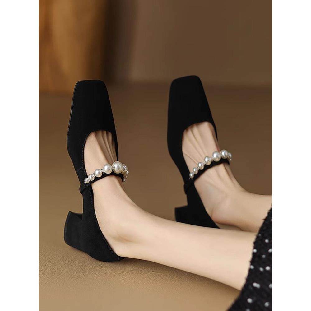 迈洛森2025早春新款方头粗跟浅口单鞋女珍珠一字带玛丽珍高跟鞋,女鞋,浅口单鞋,淘宝优惠券,粉丝福利购,淘宝优惠卷