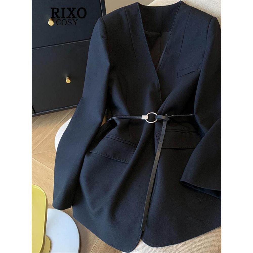 RIXO COSY极简气质黑色无领西装外套女秋宽松显瘦通勤白领西服女