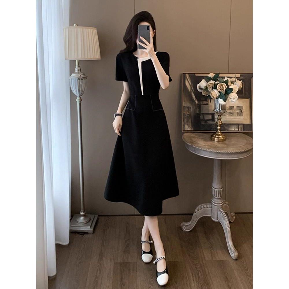 支持~黑色优雅的女士连衣裙，在夏天遮盖肌肤，显瘦，法国高端长