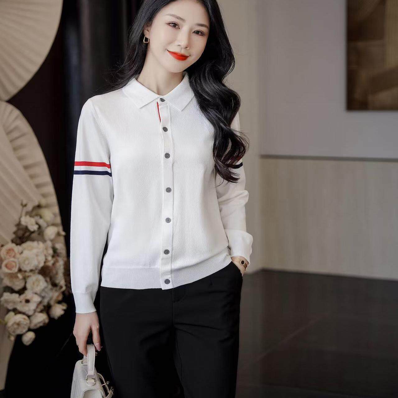 轻奢英伦2026春季新款翻领长袖撞色条纹针织开杉女韩版宽松上衣潮
