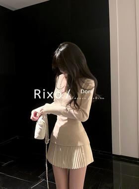 Rixo Dore法式V领修身绑带针织衫设计感收腰百褶短裙两件套装秋季