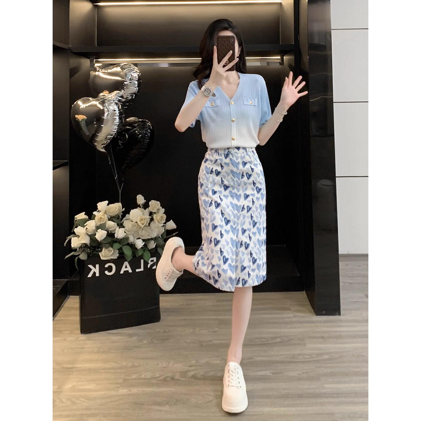 SUPDORX大方得体的套装裙时尚V领针织衫短袖牛仔半身裙两件套女夏