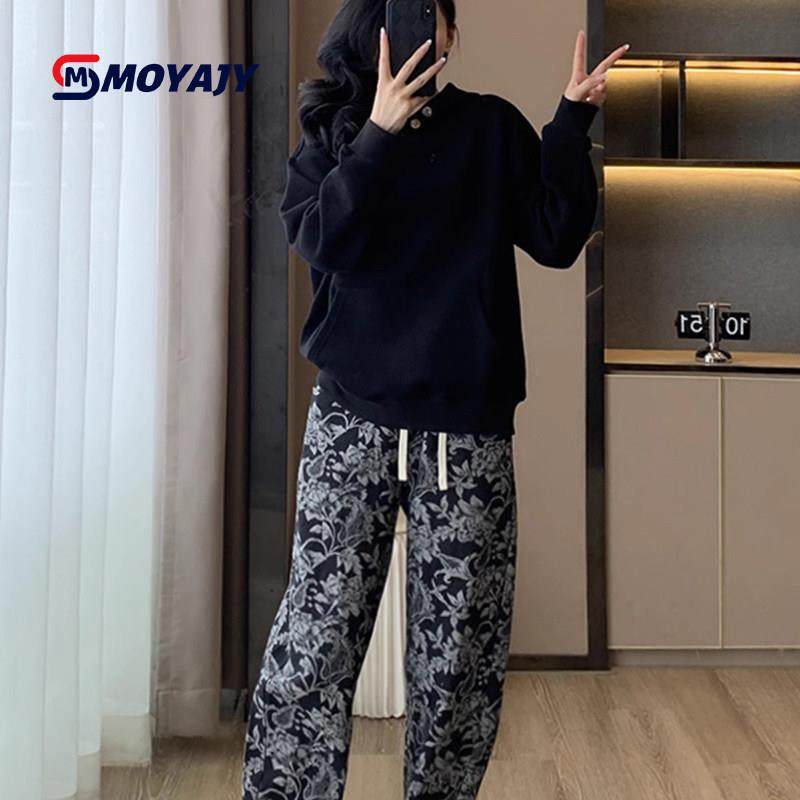 MOYAJY品牌冬季新款宽松韩版黑色卫衣提花休闲裤两件套