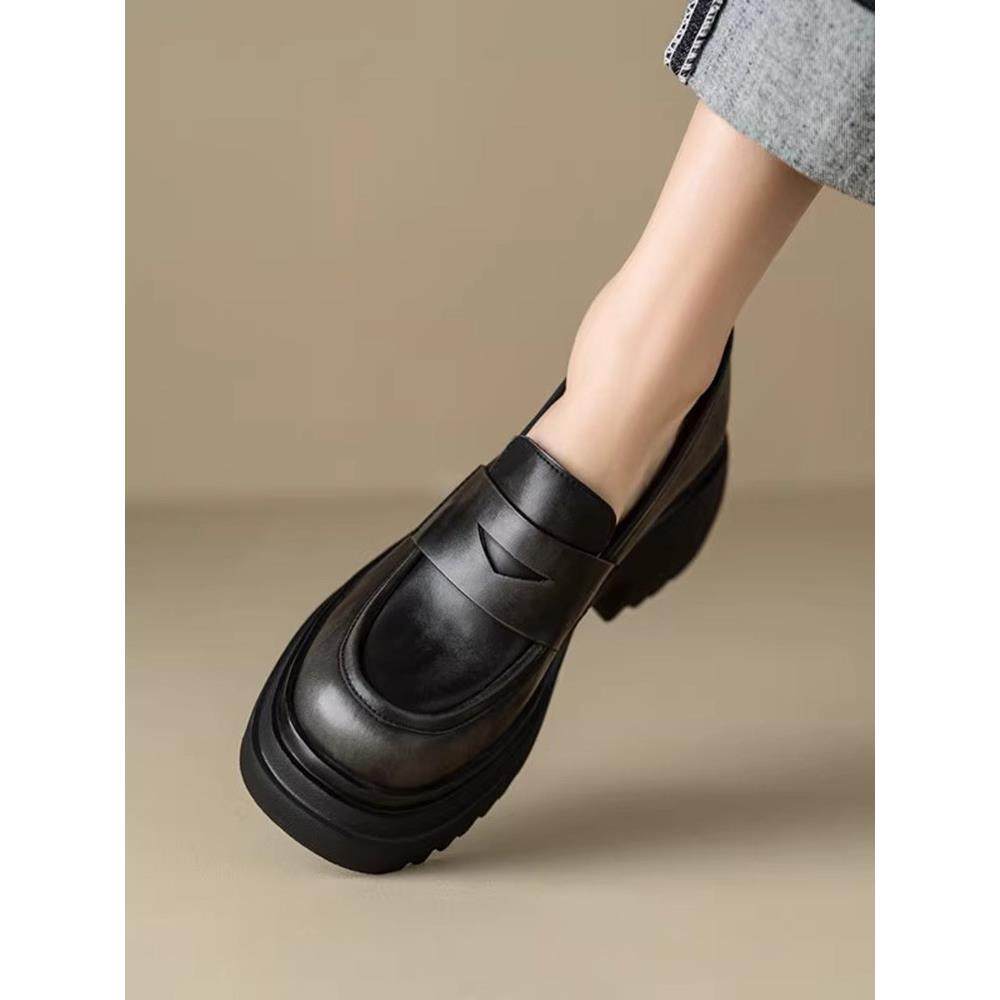 LOGULEYA覆古皮带装饰单鞋女真皮粗跟2025春季新款擦色圆头小皮鞋,女鞋,深口单鞋,淘宝优惠券,粉丝福利购,淘宝优惠卷