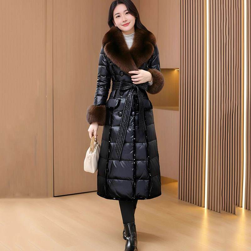 玛古芭黑色收腰长款羽绒服女款2025冬季新款修身加厚保暖大码外套