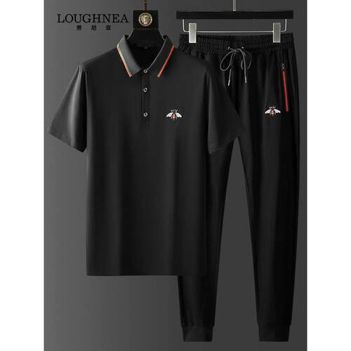 LOUGHNEA高端冰丝休闲运动套装男士夏季潮流刺绣POLO衫跑步两件套