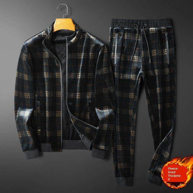 成熟稳重金丝绒休闲运动套装男秋冬新款两件套卫衣长裤搭配一整套