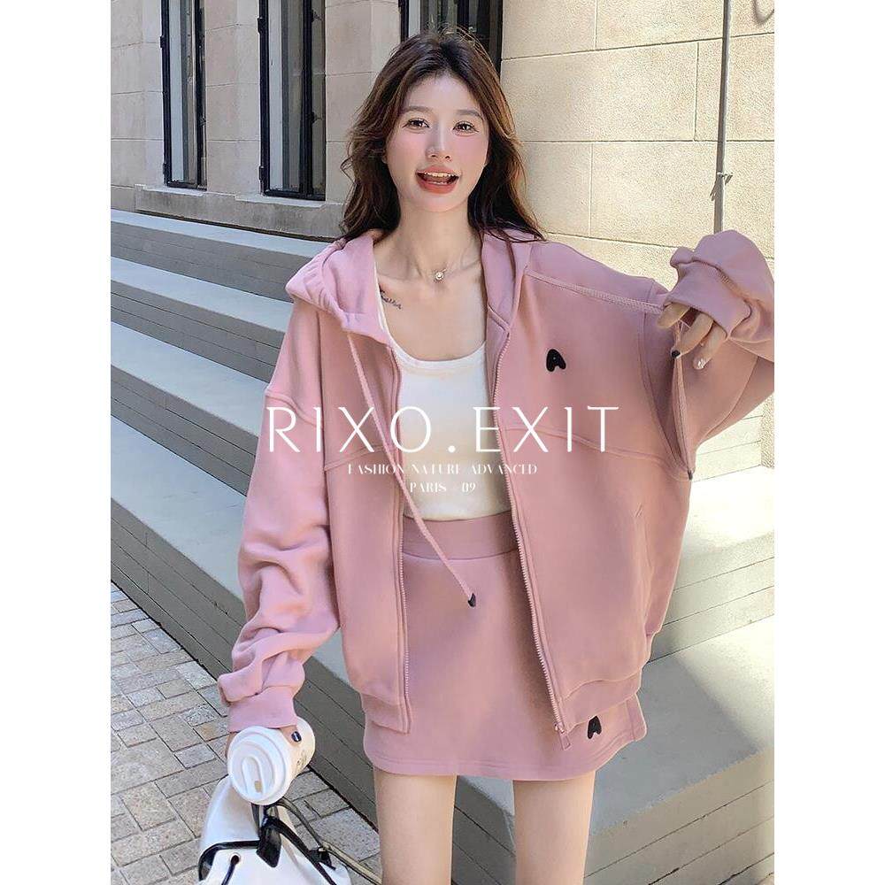 RIXO EXIT粉色卫衣套装女2025入秋穿搭开衫连帽上衣短裙运动套装