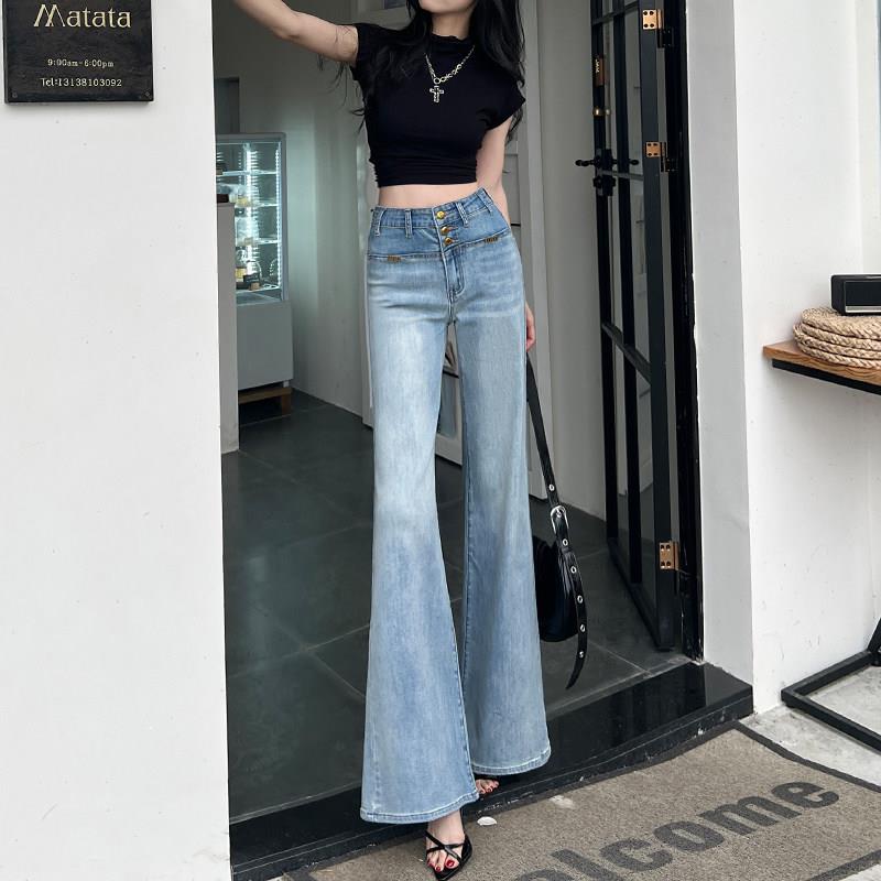 浅蓝高腰不贴腿微喇牛仔裤女2026春季新款宽松显瘦垂感拖地阔腿裤