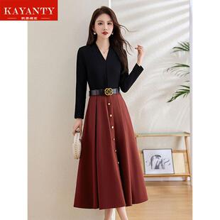 KAYANTY高级感假两件撞色长袖连衣裙秋新款收腰显瘦V领气质长裙