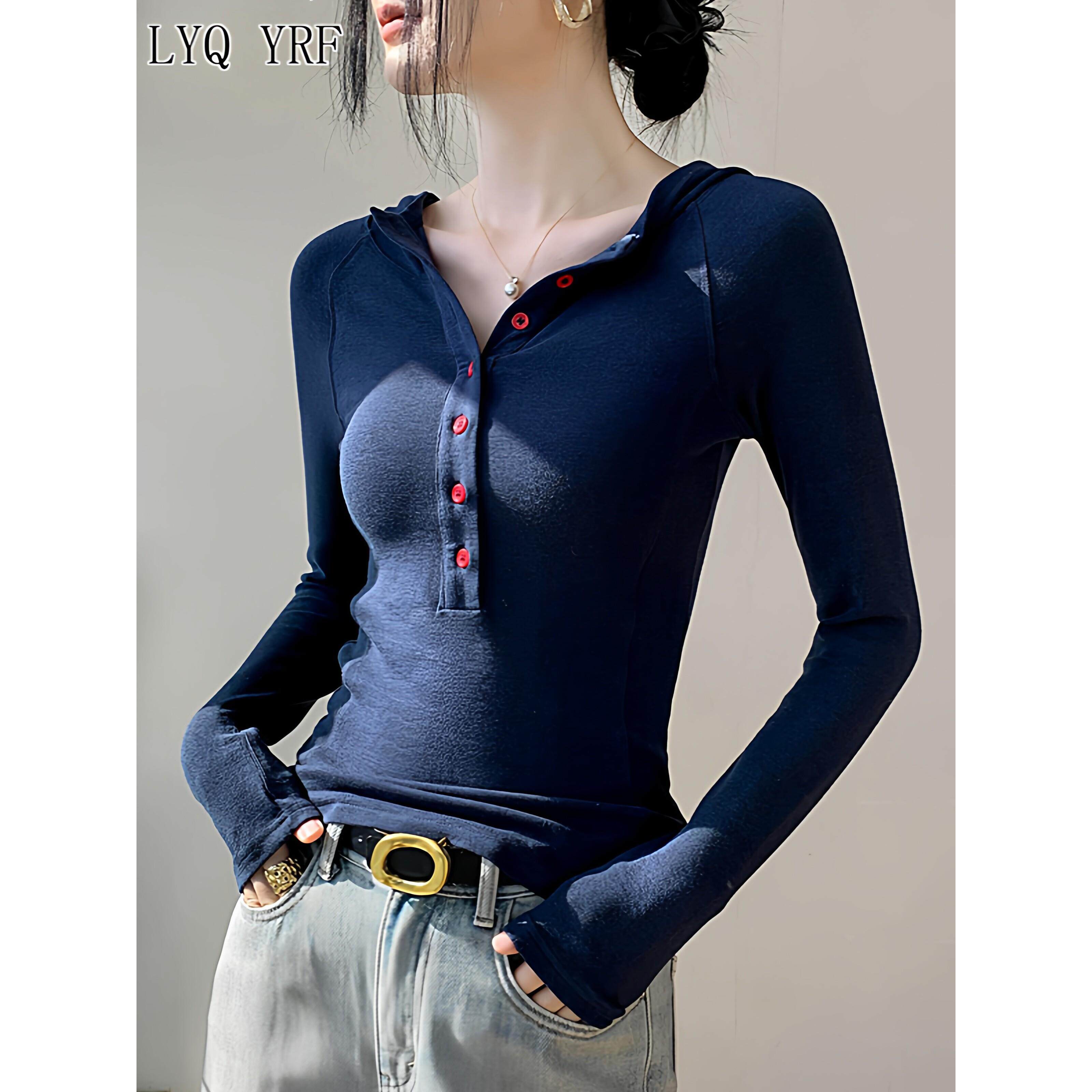 Lyq yrf新款秋洋气连帽上衣女设计感个性时尚小衫修身显瘦打底衫