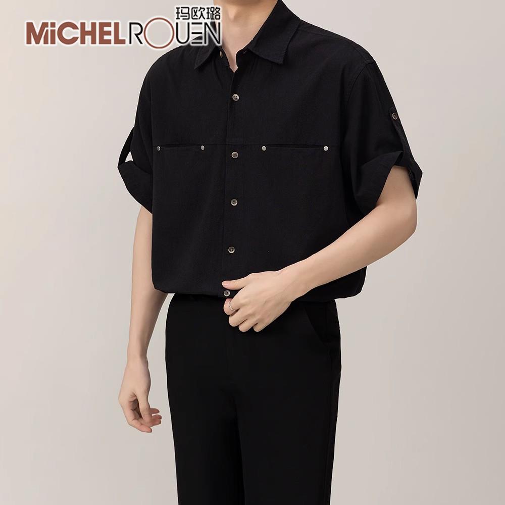玛欧璐奢侈品牌设计感纯棉半袖2025夏季男士短袖衬衫休闲宽松衬衣