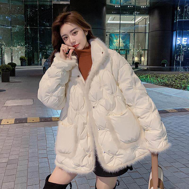MAMEGTG小香风菱形格羽绒服女冬季新款水貂毛拼接白鸭绒保暖外套