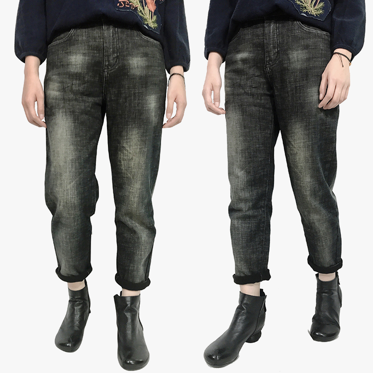 杰然不同专柜正品加绒深色牛仔裤多口袋大码胖MM弹力复古小铅笔裤