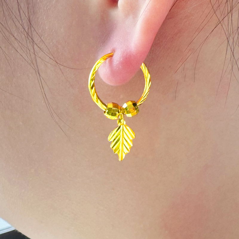 黄金耳坠9999足金耳环女款树叶素金耳饰送妈妈生日礼物按克数