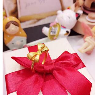 3D硬金黄金蝴蝶结戒指999足金时尚女款拉丝麻花戒指指环尾戒