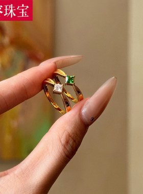 5D黄金方钻戒指女999足金ins风点钻镶嵌指环纯金食指戒送女友礼物