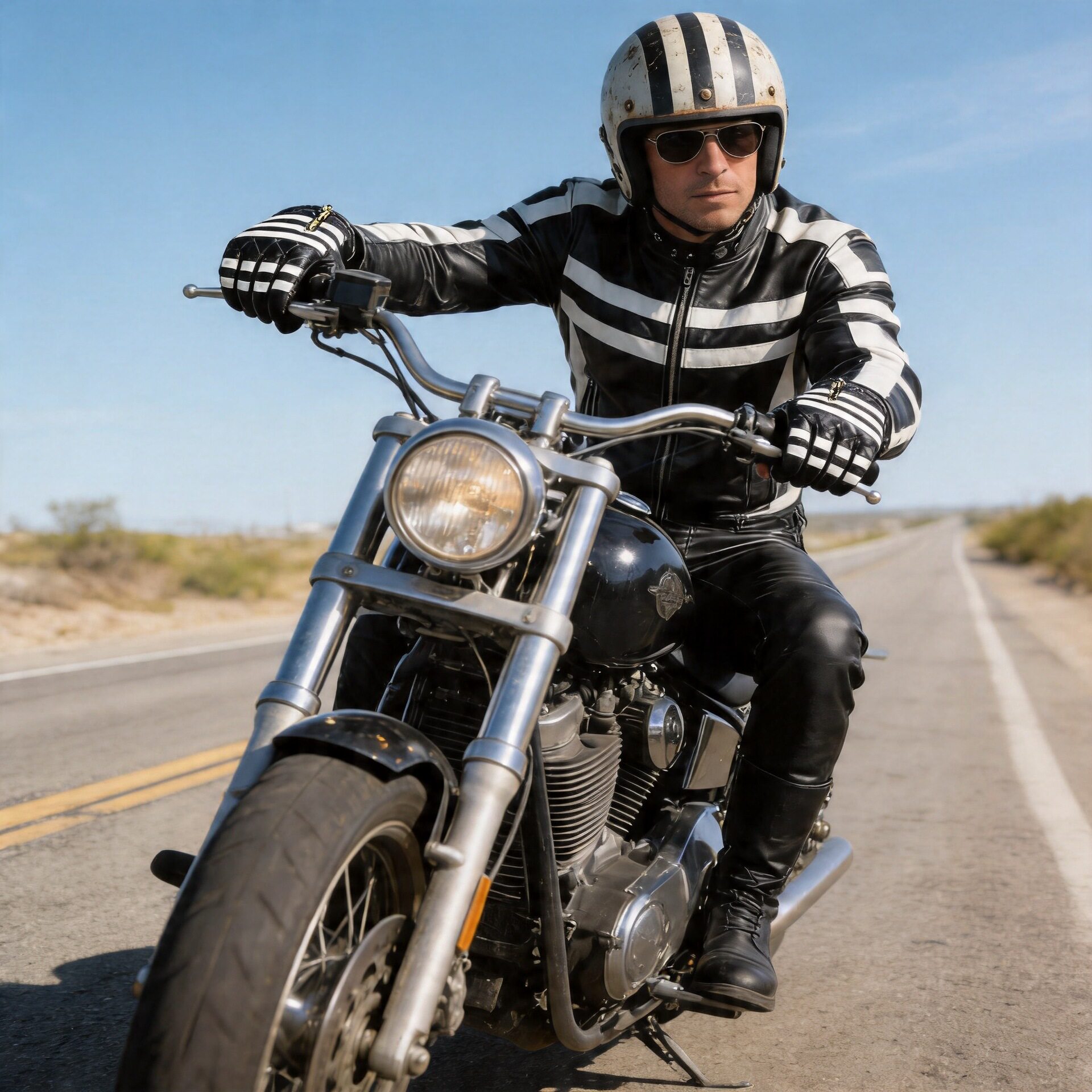 摩托车哈雷羊皮囚徒黑白条纹触屏春夏男女款通勤真皮机车复古手套