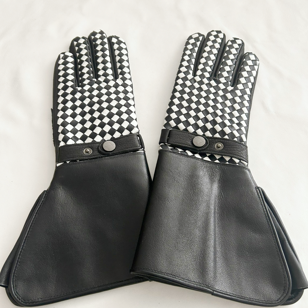 黑白手工编织长款骑行鹿皮手套摩托车机车手套保暖冬季复古皮手套