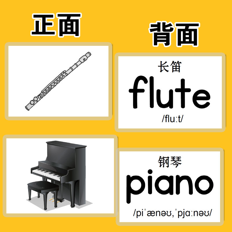 乐器类英语单词启蒙彩图双面语英文闪卡大卡片英语学幼儿教师教具
