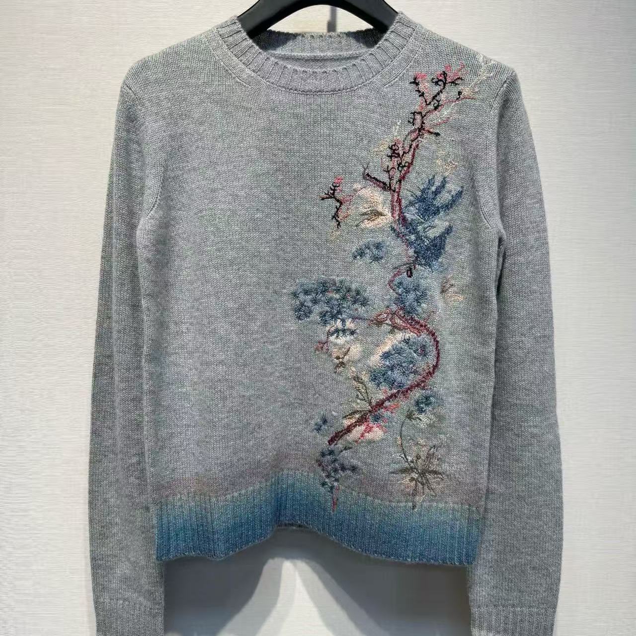 小D家刺绣极简灰渐变粉紫羊绒衫