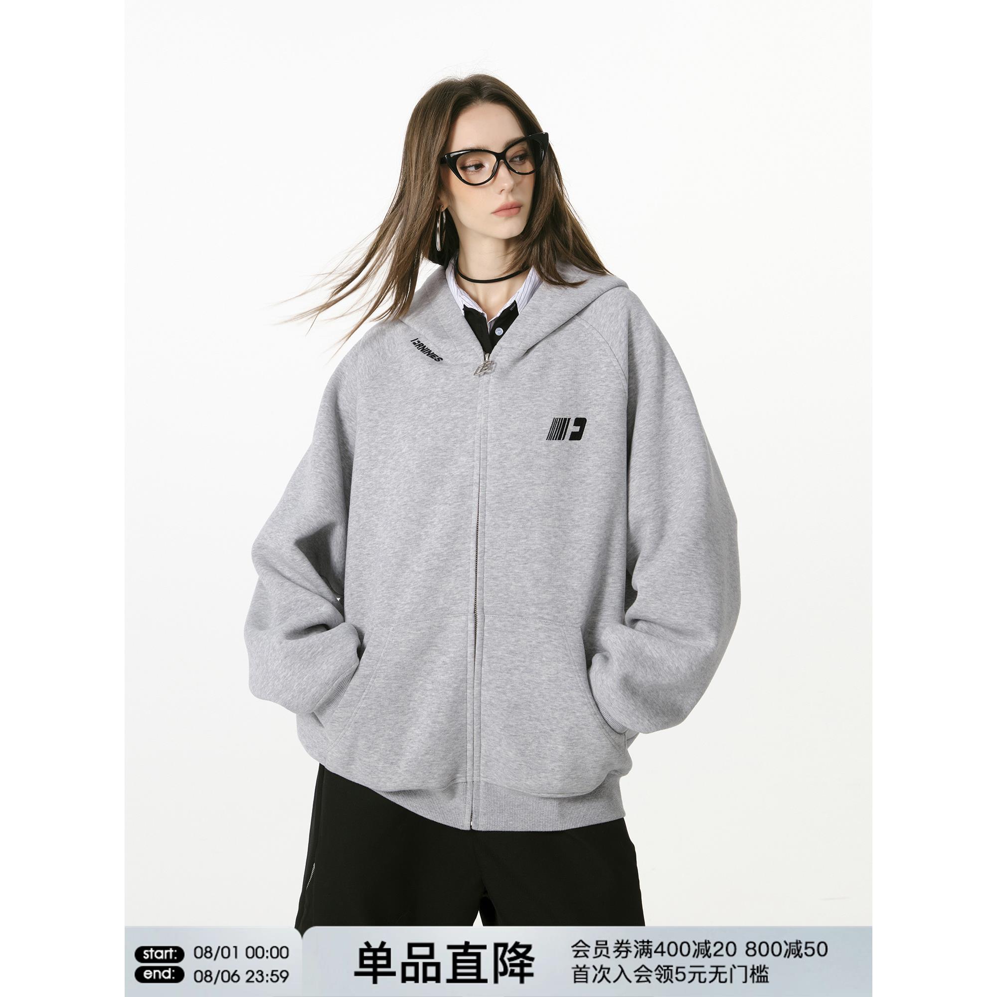 FORNINES刺绣连帽拉链开衫卫衣男女潮牌春秋重磅宽松美式休闲外套
