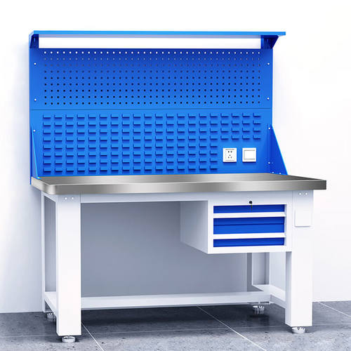 奕多美重型钳工台工作台不锈钢桌面1500*750*800吊二抽带灯架层板