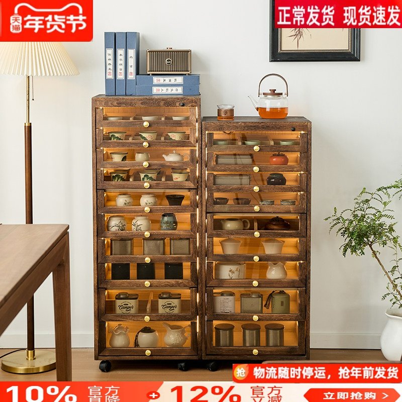 实木带灯感应灯牙科柜茶水置物架客厅茶具柜落地手串文玩收纳柜