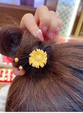 3D硬金黄金向日葵头绳999足金转运珠扎头发马尾太阳花头饰送女友