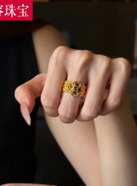 5D硬金黄金花窗戒指女款999足金点钻镶嵌镂空指环纯金大气食指戒