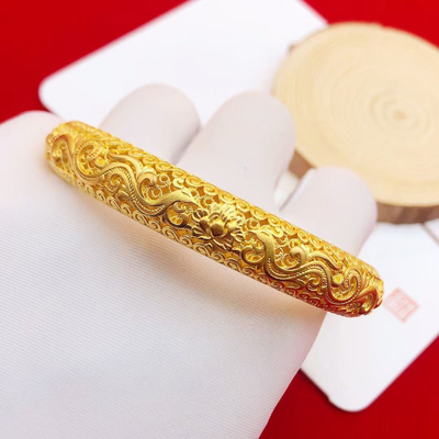 古法黄金实心定制手镯足金999覆古镂空花纹纯金女款大气手环送礼