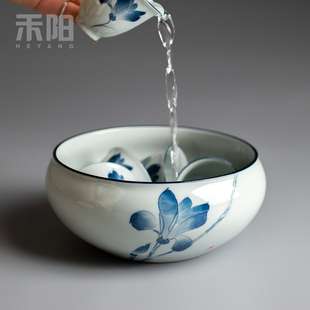 禾阳纯手绘茶洗复古青花陶瓷水洗陶泥茶洗家用洗茶杯容器大号水盂