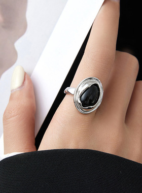 一恋精致黑色锆石戒指女轻奢时尚个性复古开口指环网红食