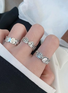 一恋复古做旧卡通戒指女多啦A梦姜饼人小新叮当猫开口食指