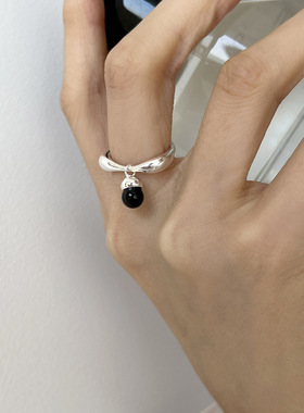 一恋黑色圆珠吊坠戒指女简约时尚气质个性优雅开口指环ins网红食