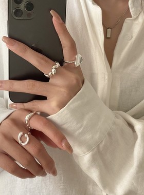 一恋甜酷叠戴戒指女几何翘边爱心C型树叶S925镀银开口指环百搭食