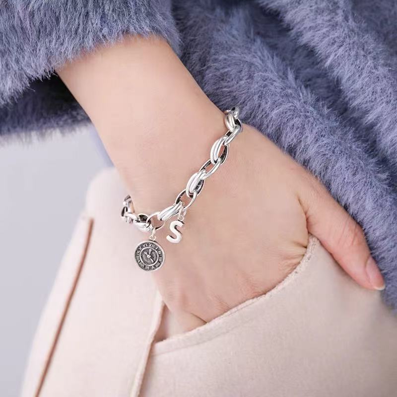 一恋韩国复古船舵十字架手链女时尚简约双层圆环泰银手串情侣