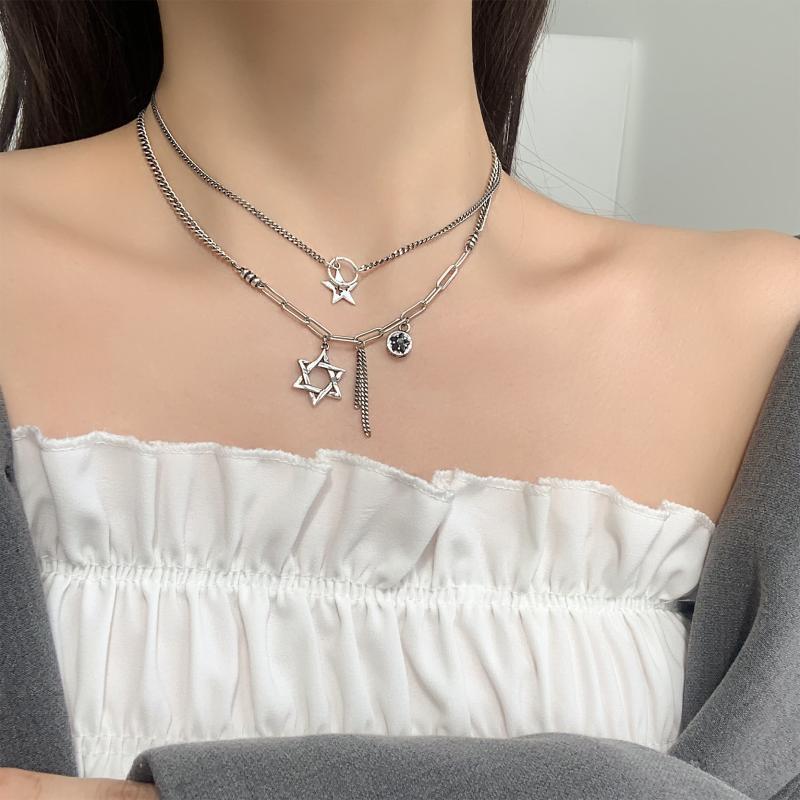 一恋韩国复古重工流苏六芒星项链女925银ins欧美个性嘻哈锁骨链潮