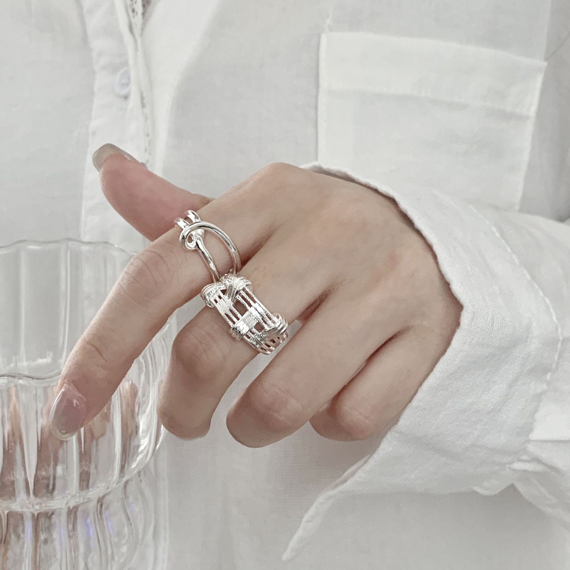 一恋简约几何叠戴戒指女不规则线条缠绕网格开口指环小众设计食指