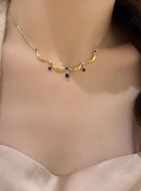 一恋复古花边蓝色水滴项链女精致优雅轻奢锁骨链波纹百搭