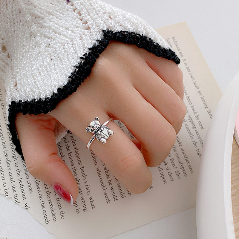 一恋韩版可爱卡通小熊戒指女复古时尚重工气质开口指环食指戒潮