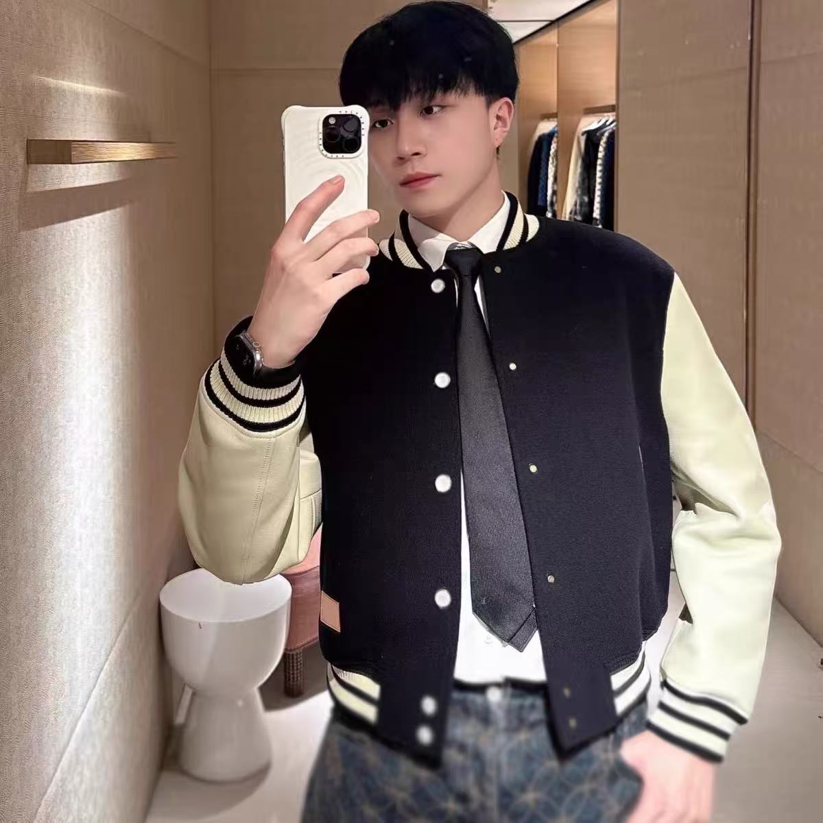 25FW欧美风早秋新款字母徽章拼色皮袖束腰棒球服夹克时尚男女外套