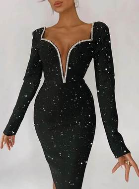 Glitter Rhinestone Decor High Slit Party Dress黑色闪光连衣裙