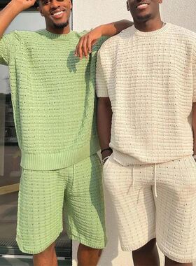 欧美男装2023夏季男士休闲运动宽松短袖衬衫短裤套装潮men's