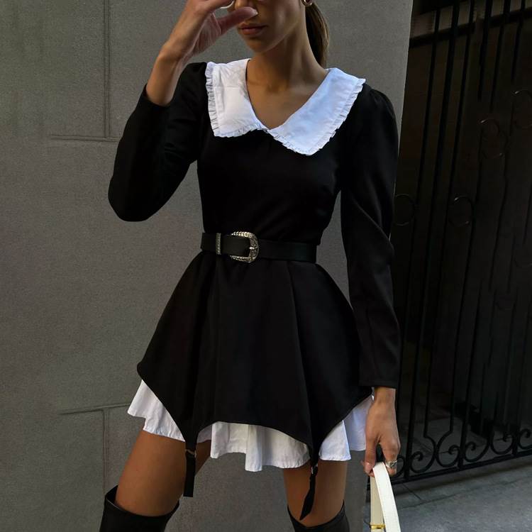 欧美风女装长袖娃娃领假两件连衣裙 Long sleeve doll neck dress