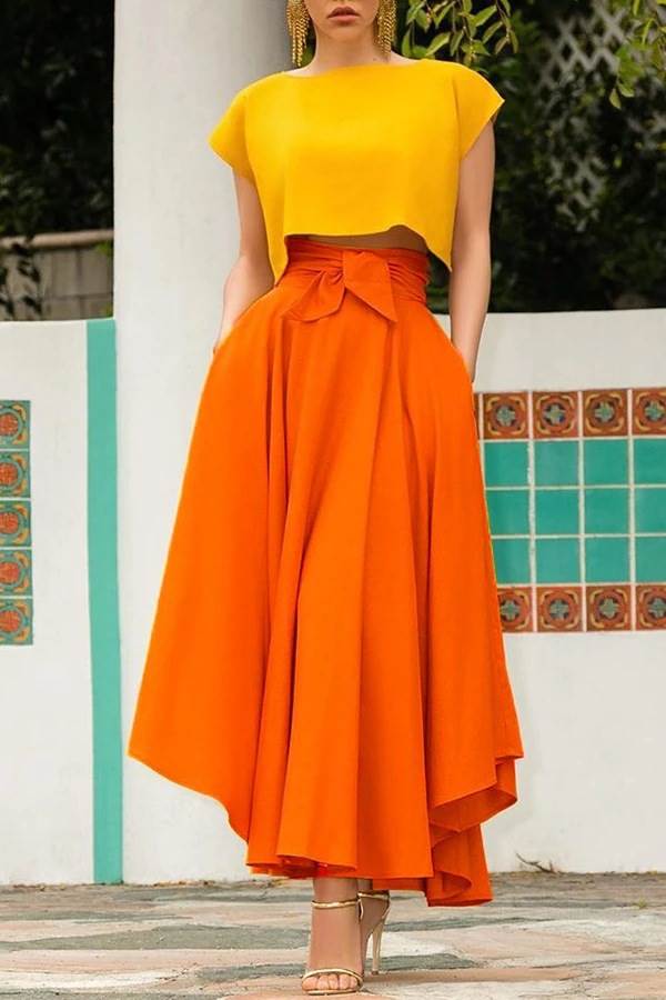 Solid color large swing belt skirt欧美女装纯色大摆腰带半身裙